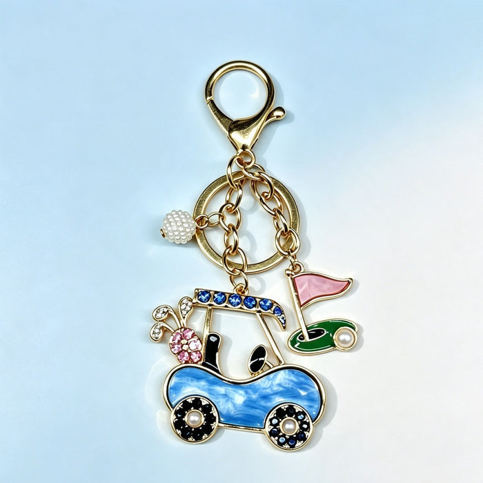 Wholesale Golf Themed Keychain With Rhinestone Pearl Accent Gold Metal Key Ring Fashion Car Key Accessory Everyday Gift For Resale