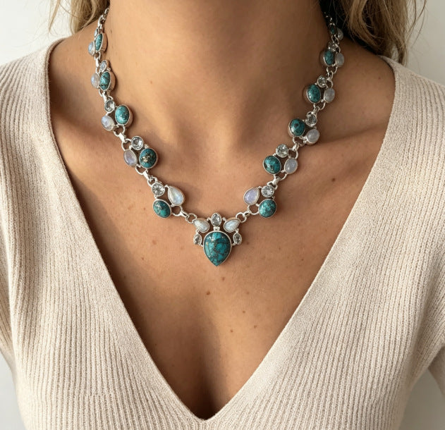 Wholesale Bohemian Turquoise Flower Necklace Retro Choker Alloy Jewelry Fashion Accessory Gift