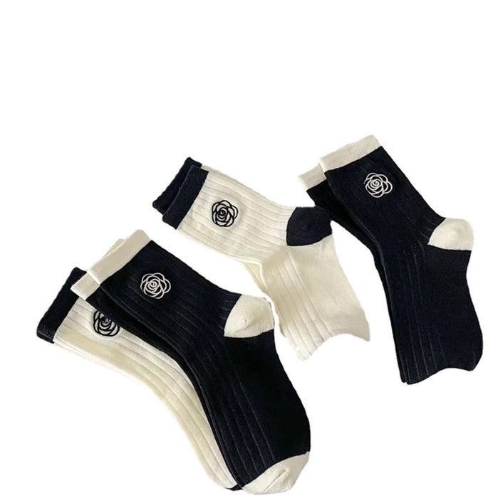 Wholesale Rose embroidery, sweet and comfortable vertical stripes, pure cotton mid tube women's socks
