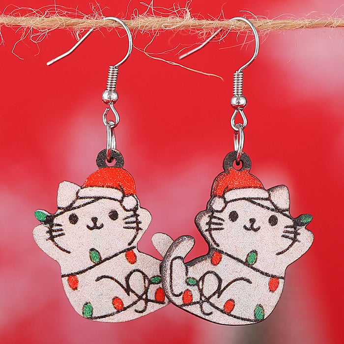 Wholesale Christmas Lights Cat Pendant Wooden Earrings