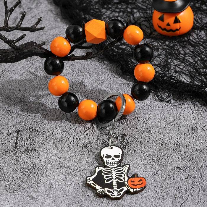 Wholesale Halloween Wooden Ghost Pumpkin Spider Bracelet Keychain JDC-KC-RongRui028