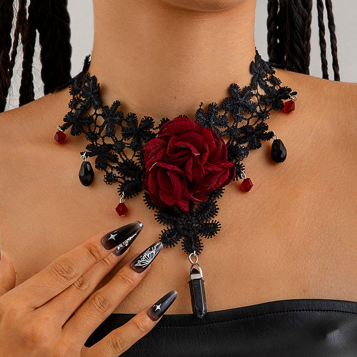 Wholesale Gothic Geometric Pendant Necklace Red Lace Fashion Accessory Jewelry Gift MOQ≥500