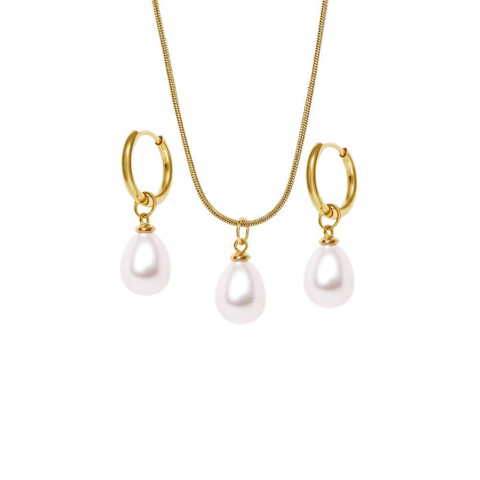 Wholesale Sophisticated Teardrop Pearl Dangle Earrings Stainless Steel Necklace Set