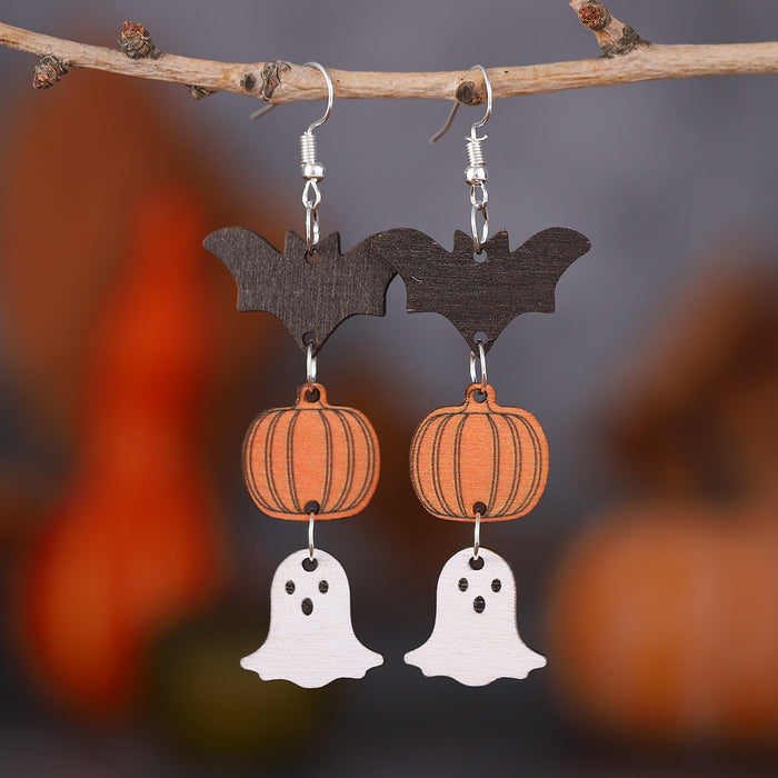 Wholesale  Witch Pumpkin Bat Ghost Pendant Earrings Wooden Double Sided  Earrings Gift