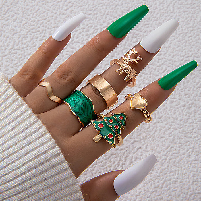 Wholesale Alloy Drip Oil Christmas Ring Set 4-Piece Geometry Snowflake Design Fashion Jewelry Accessory MOQ≥2