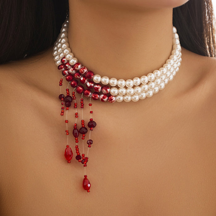 Wholesale jewelry round beads necklace vintage gothic style blood drop tassel imitation pearl necklace