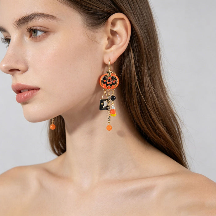 Wholesale Electroplated Zinc Alloy  Earrings Pumpkin Skull Ghost Face Tassel Zircon For Boutique Resale