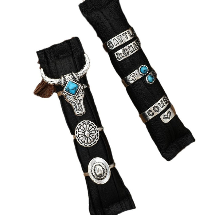 Wholesale bracelet Western Denim style retro turquoise cow head cactus multi-element fashion ring set