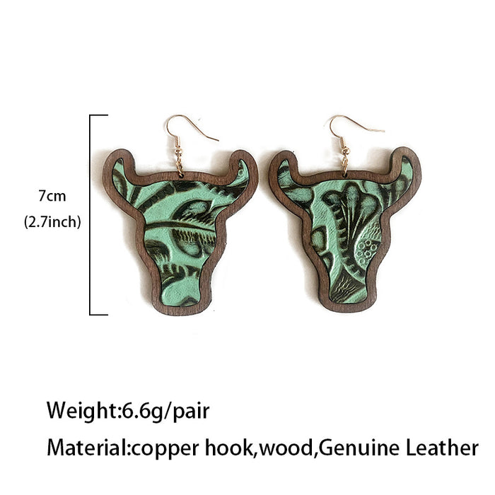 Wholesale Western leather earrings retro cow' s head Classic water droplets inlaid wooden earrings jewelry