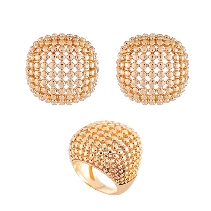 Wholesale Trendy retro ring set with niche design, geometric hollow out heavy-duty round bead metal earring accessories