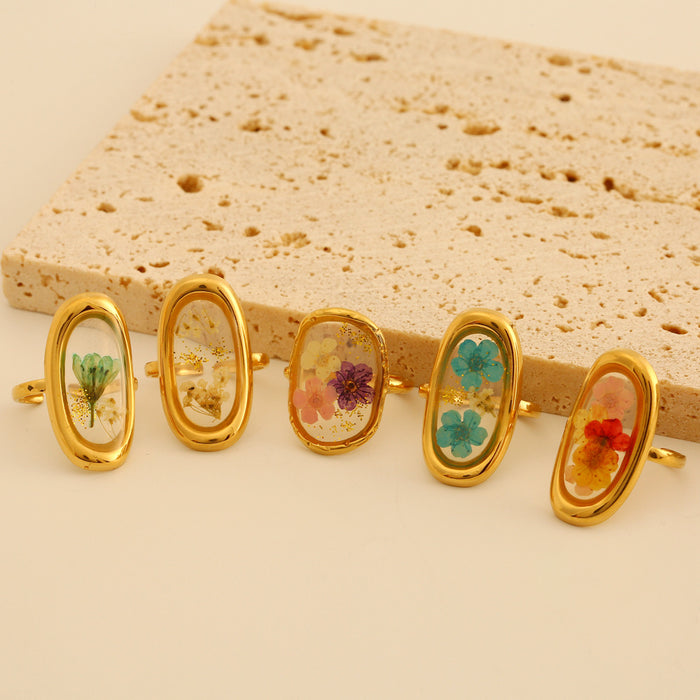 Wholesale Fashionable stainless steel dried flower ring with adjustable opening, retro style multi-color flower ring, color preservation wholesale