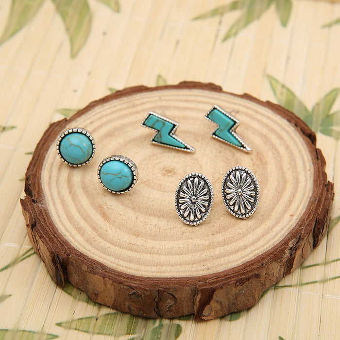Wholesale Turquoise earrings lightning turquoise alloy earrings three piece set