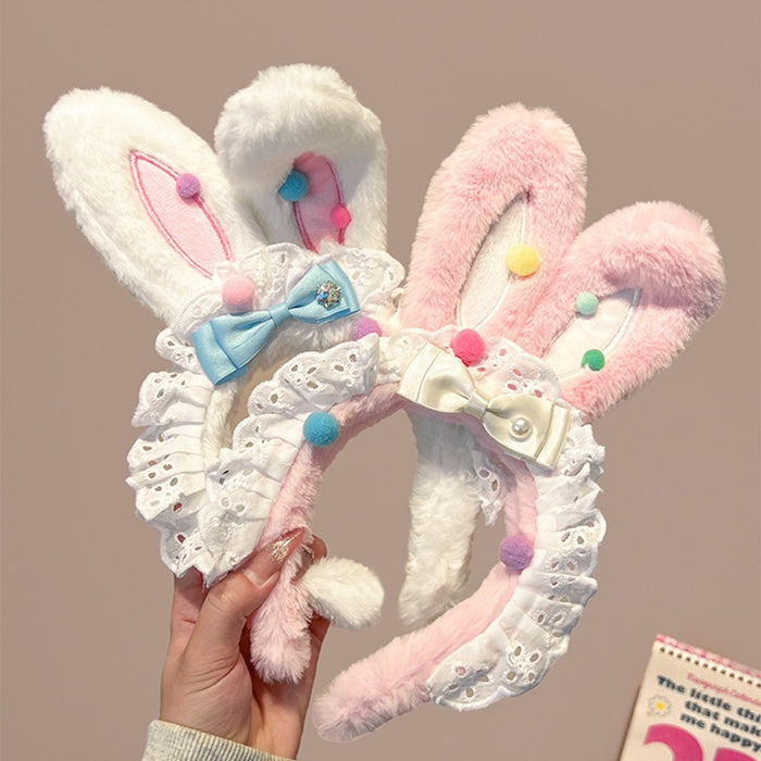 Wholesale Women's Cute Plush Bunny Ears Lace Bow Headband