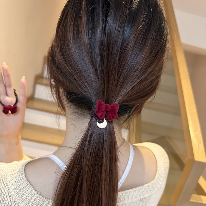 Wholesale elegant atmosphere wine red flocking bow hair rope hair accessories hair rope high elastic rubber band