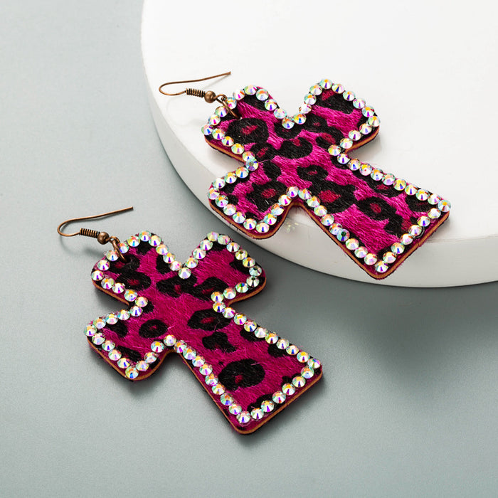 Wholesale Cross Shape Double Sided Printed Leopard Earrings JDC-ES-Hem004