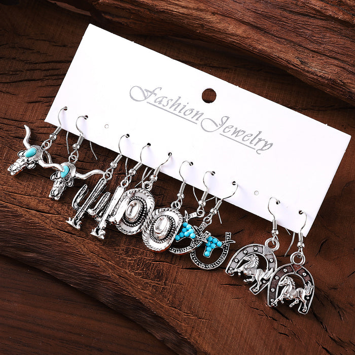 Wholesale Western cowboy bull head cactus horseshoe turquoise pendant earrings set earrings gift