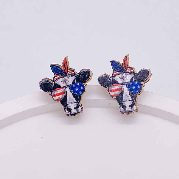 Wholesale Independence Day Wooden Earrings US Flag Heart-shaped Five-pointed Star Sunflower Earrings