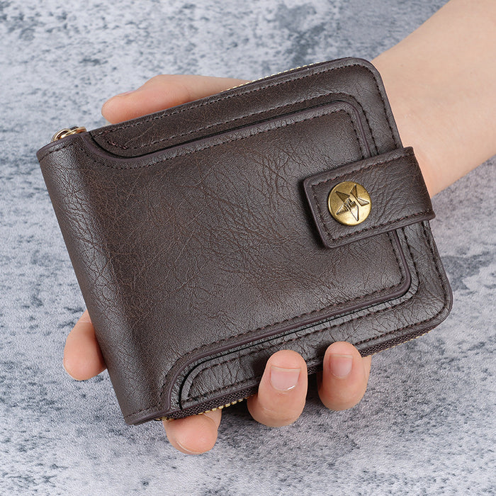 Wholesale Men' s PU Leather Retro Wallet with Car ing Zipper Closure and Coin Pocket