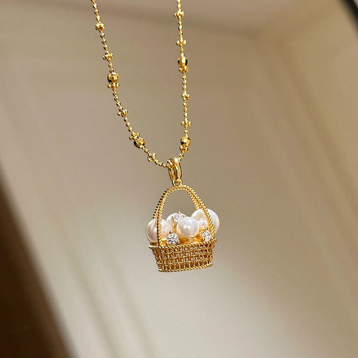 Wholesale Magic Chain Pearl Small Flower Basket Necklace Flash Diamond Clavicle Chain