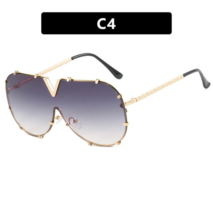 Wholesale Personalized trendy sunglasses, fashionable sunglasses, large frame integrated sunglasses, metallic high-end feel