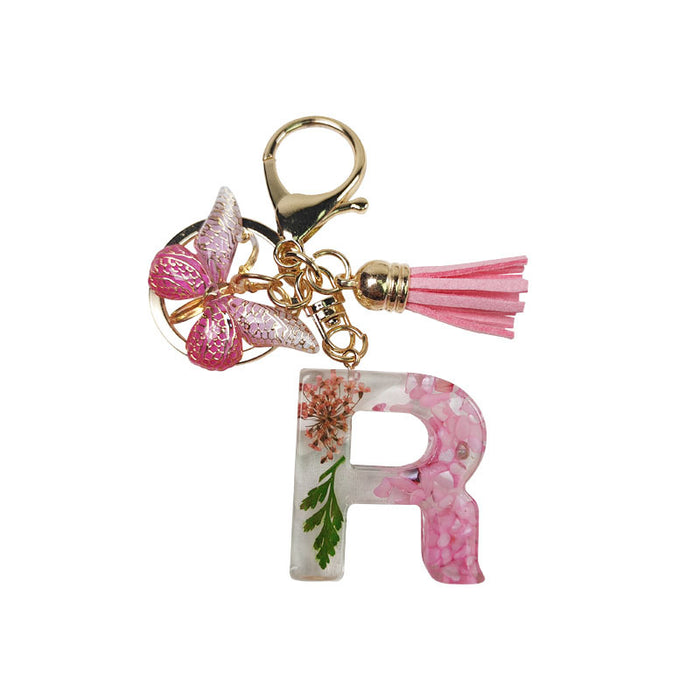 Wholesale Small Daisy Dried Flower Green Leaf Crystal Acrylic Letter Butterfly Tassel Keychain JDC-KC-JiaYi002