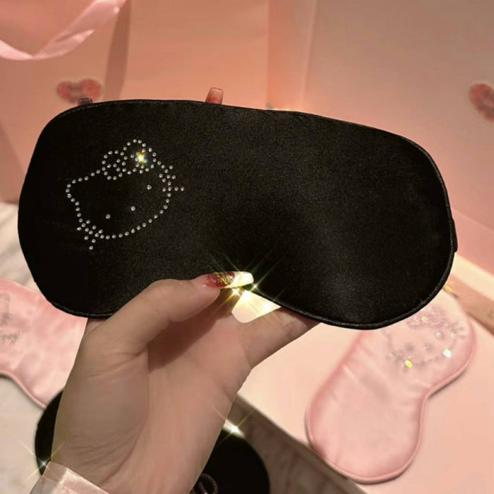 Wholesale Cartoon Cat Rhinestone Blackout Sleep Eye Mask Ice Silk Linen  Accessory MOQ≥2