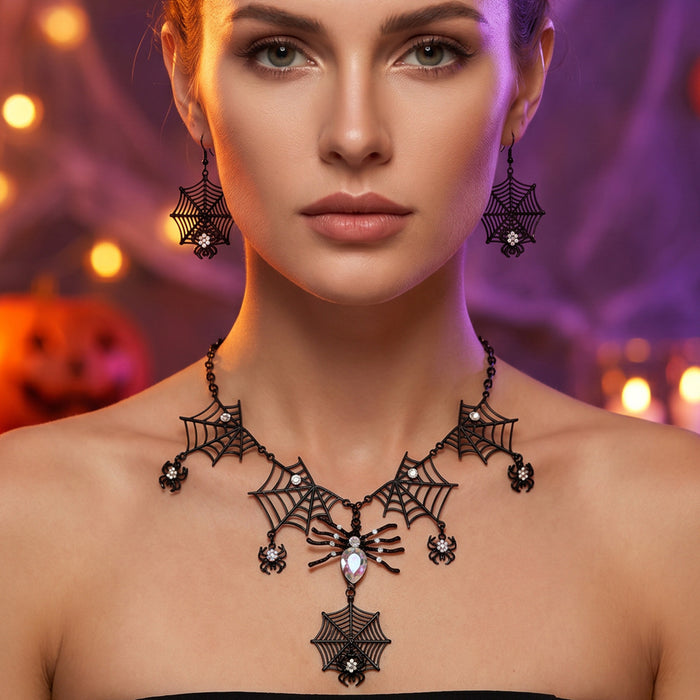 Wholesale Zinc Alloy Rhinestone  Web Skull Necklace And Earring Set Women  Party Jewelry