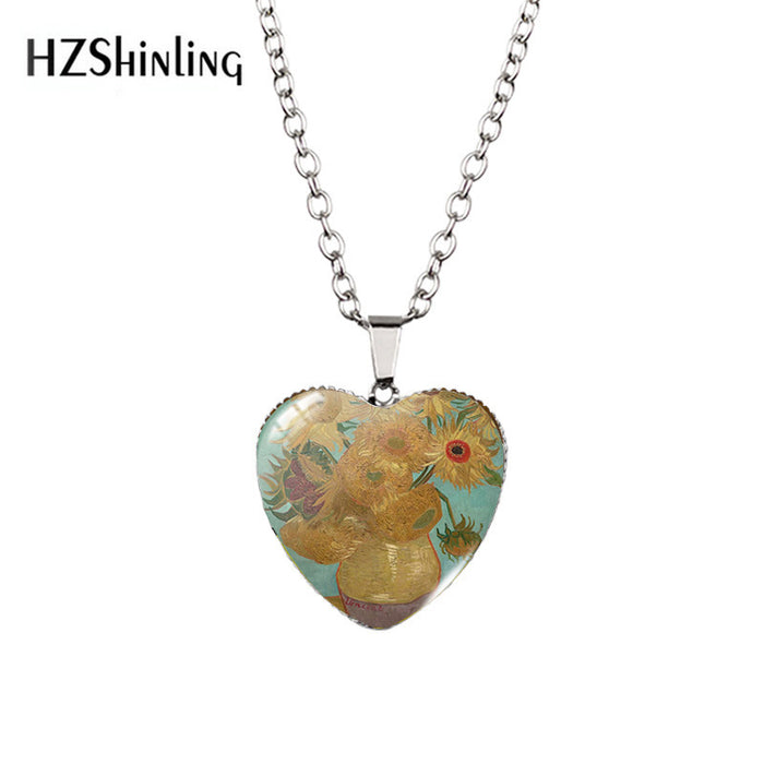 Wholesale Heart-shaped Necklace Van Gogh Starry Moon Night Sunflower Love Time Gem Pendant Sweater Chain