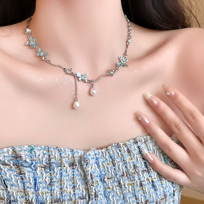 Wholesale Titanium steel butterfly pearl necklace temperament collarbone chain niche design