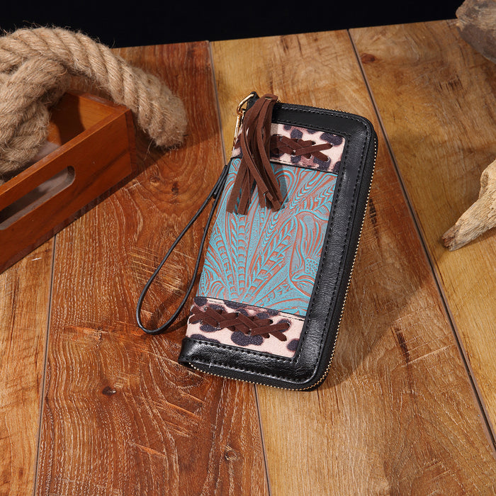 Wholesale Vintage leather carving embossed bohemian style ladies hand-held wallet card holder purse