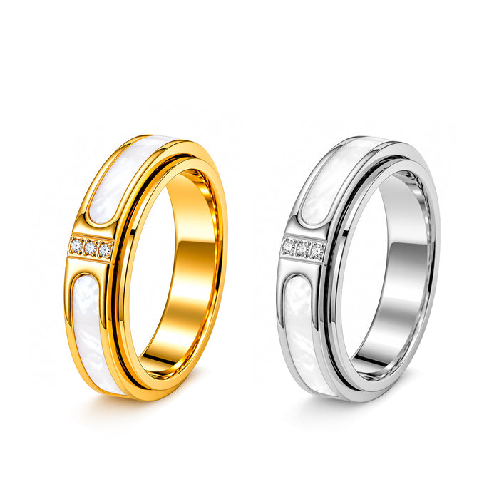 Wholesale Light Luxury Rotatable Ring with White Shell and Crystal 304 Stainless Steel