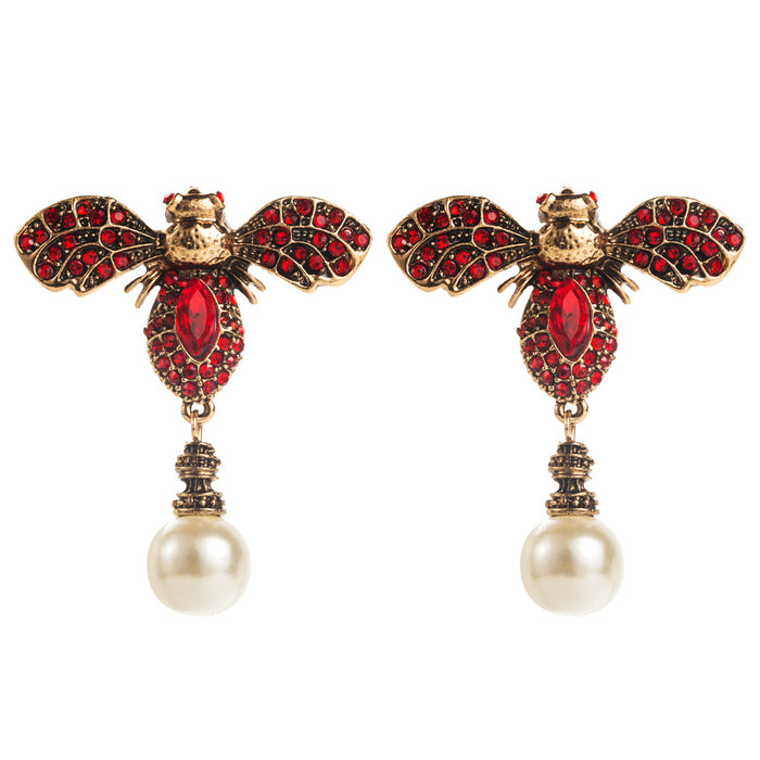 Wholesale Vintage Bee Pearl Drop Earrings Alloy Electroplated Fashion Jewelry Accessory