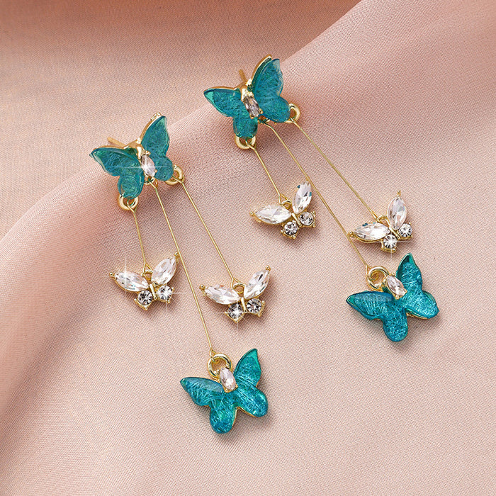 Wholesale Silver Needle Butterfly Earrings, Light Luxury, High Grade, Sparkling Diamond Long Earrings, Retro Style Earrings