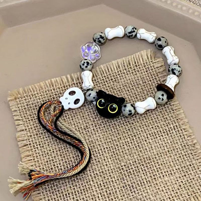 Wholesale Skull Cat Ceramic Woven Brace Sense Sweet Chinese Style Tassel Color Bracelet Jewelry