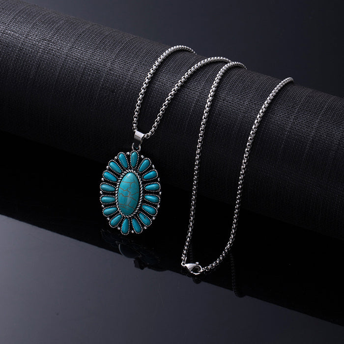Wholesale Retro Western style natural turquoise necklace,  retro versatile titanium steel chain,  ethnic accessories