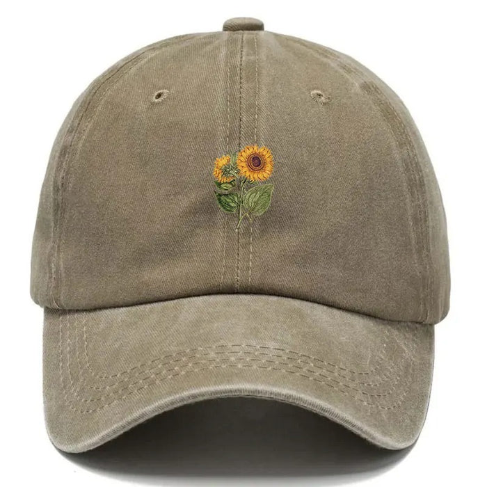 Wholesale Washed Distressed Baseball Cap With Sunflower Embroidery Forest Style Adjustable Hat For Women