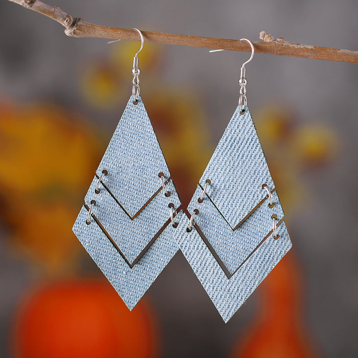 Wholesale Gradient blue denim geometric triple ing earrings Western Bohemian denim leather earrings