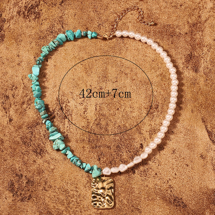 Wholesale Turquoise Pearl necklace geometric pleated alloy pendant necklace