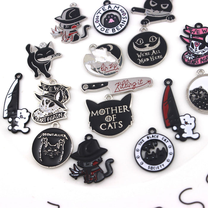 Wholesale 10pcs Cute Black Cat Dagger Alloy Oil Dropping Funny Jewelry Pendant Keychain Pendant Accessories