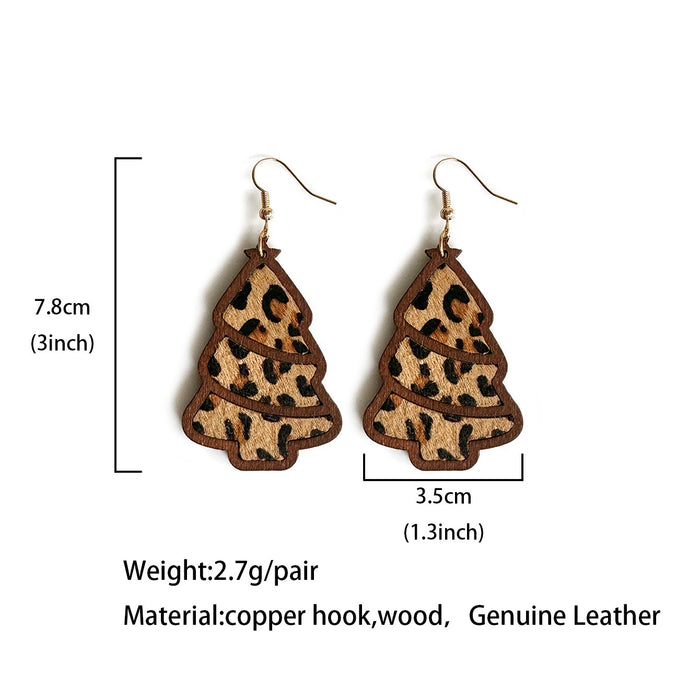 Wholesale Christmas tree leopard print horse hair earrings wood inlaid cowhide light western holiday gift