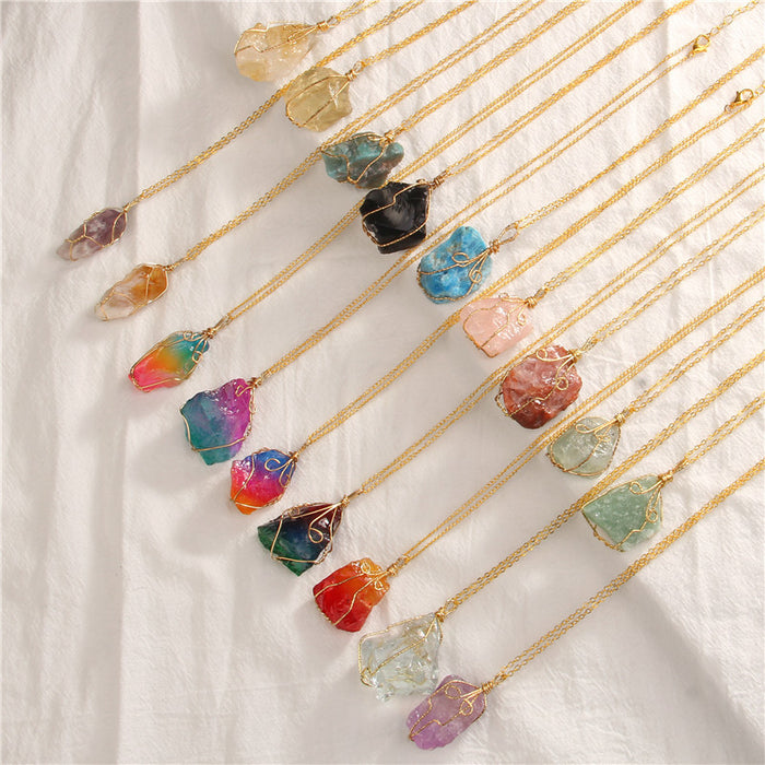 Wholesale Handmade wire wrapped raw gemstone pendant irregular lucky stone clavicle necklace