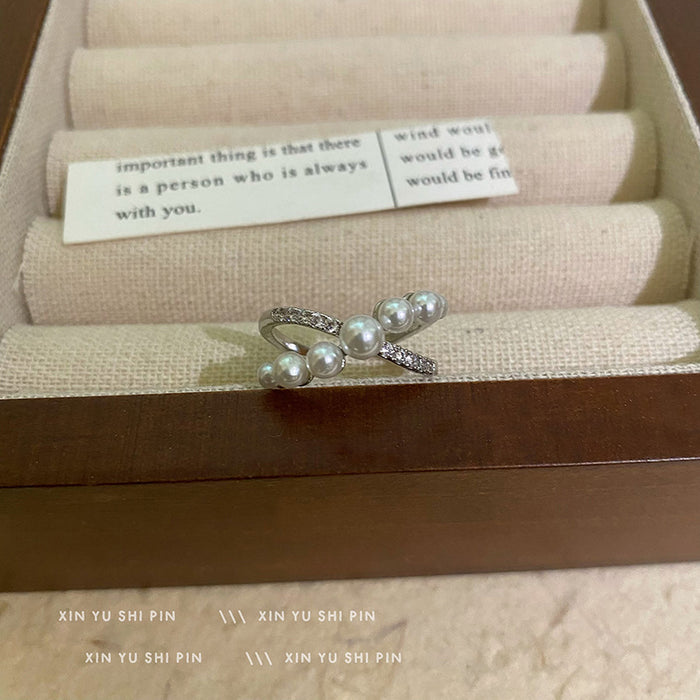 Wholesale Light luxury pearl cross design ring, fashionable and versatile index finger ring, high-end feel, adjustable opening ring