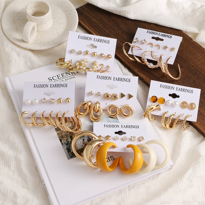 Wholesale 6-piece geometric pearl and diamond statement earring set