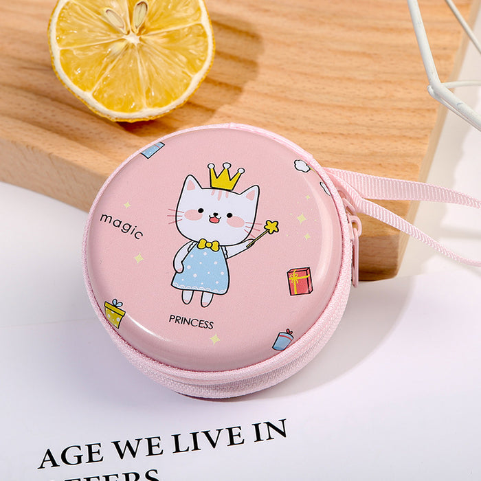 Wholesale Creative Round Tinplate Coin Purse Mini Cartoon Zipper Data Cable Storage Bag Headset Keychain Small Wallet