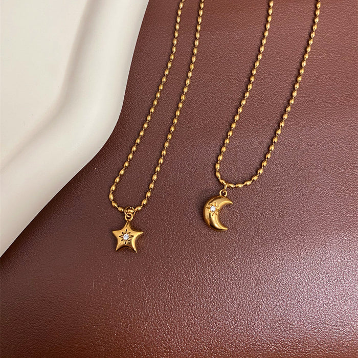 Wholesale Diamond-studded eight-pointed star and moon titanium steel necklace