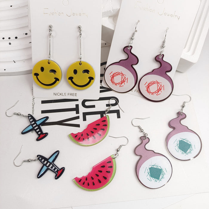 Wholesale Creative personality acrylic cartoon ground binding young flower earrings yellow smiley face colorful aircraft watermelon earrings