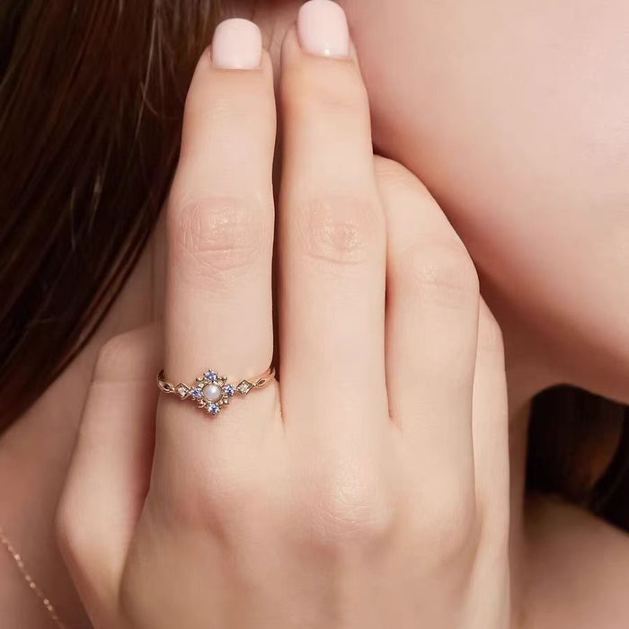 Wholesale Ring Natural Pearl Zircon Diamond Snowflake Versatile Light Luxury Ring