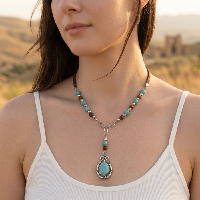 Wholesale Vintage Turquoise Beaded Collarbone Necklace Set Ethnic Heart Bull Head Pendant Layering Jewelry Gift