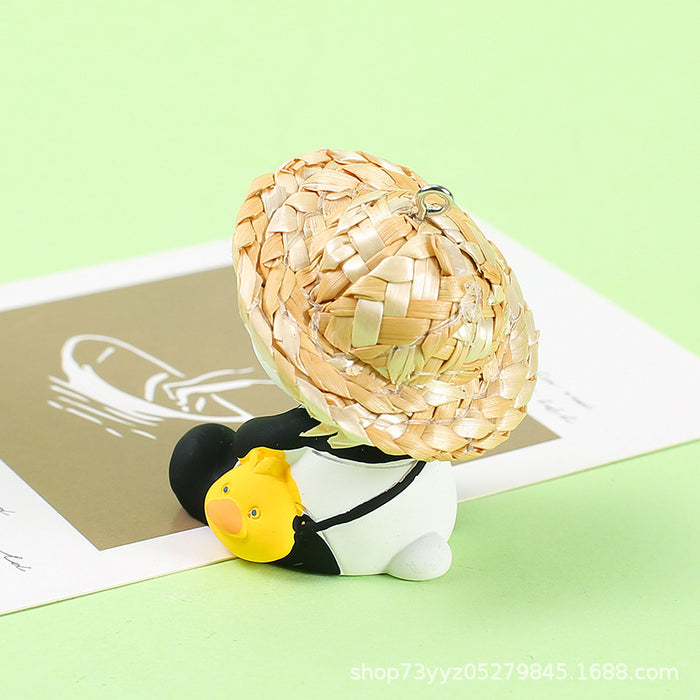 Wholesale Resin panda Friends series Creative straw hat panda Keychain Car schoolbag