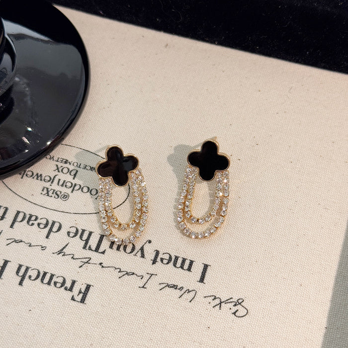 Wholesale Earrings with versatile temperament, diamond studded tassel earrings, four leaf clover earrings, niche